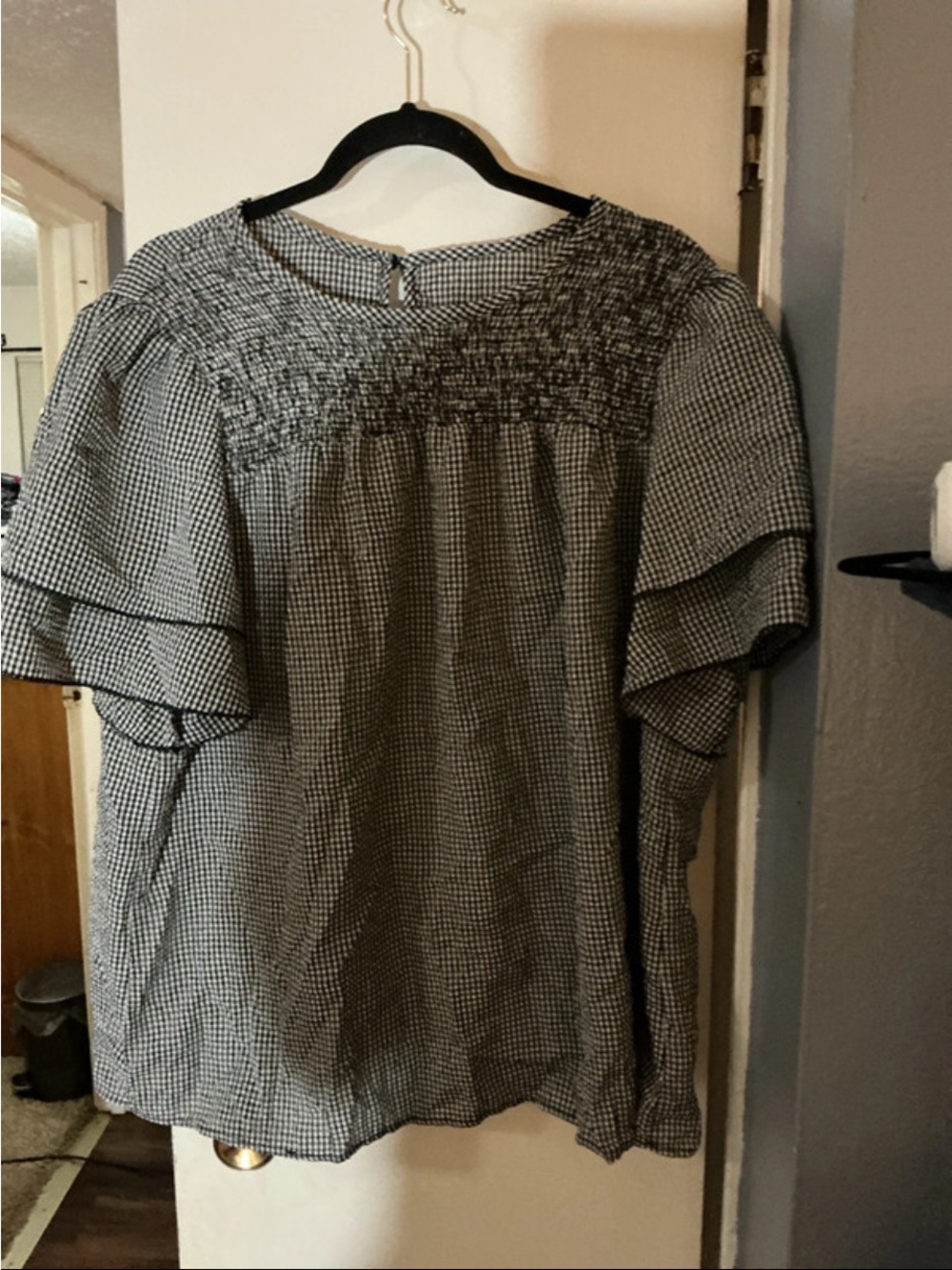 Smocked Gingham Ruffle Sleeve Blouse - Black & White